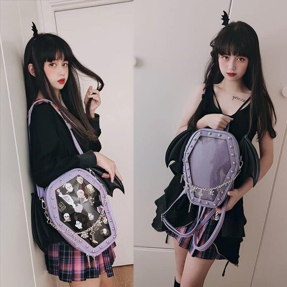 Gothic Coffin Shape Purse Handbag for Women Halloween Shoulder Bag Purple Wings - Picture 3 of 9